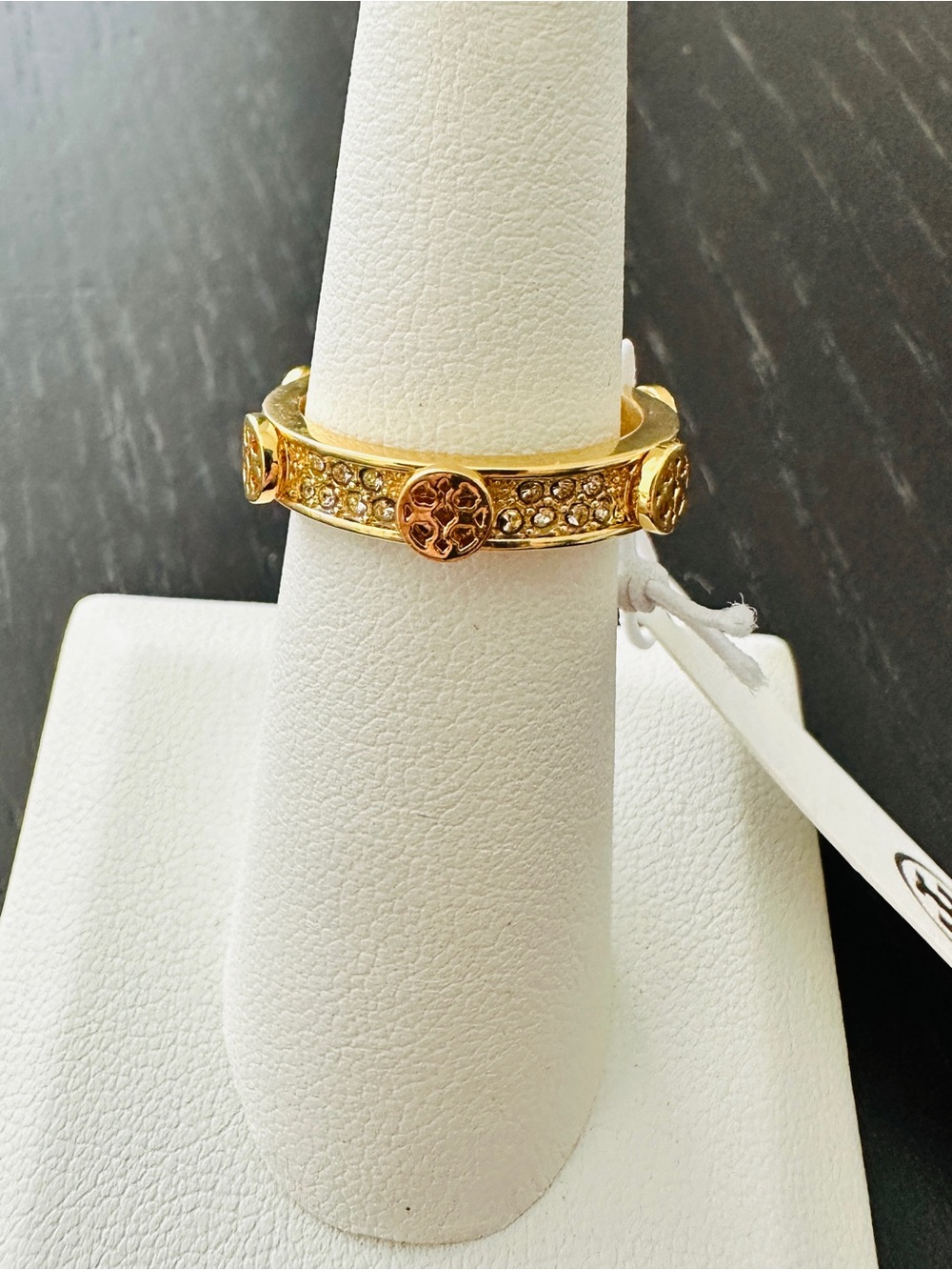 Tory Burch Gold Crystal Logo Medallion Ring